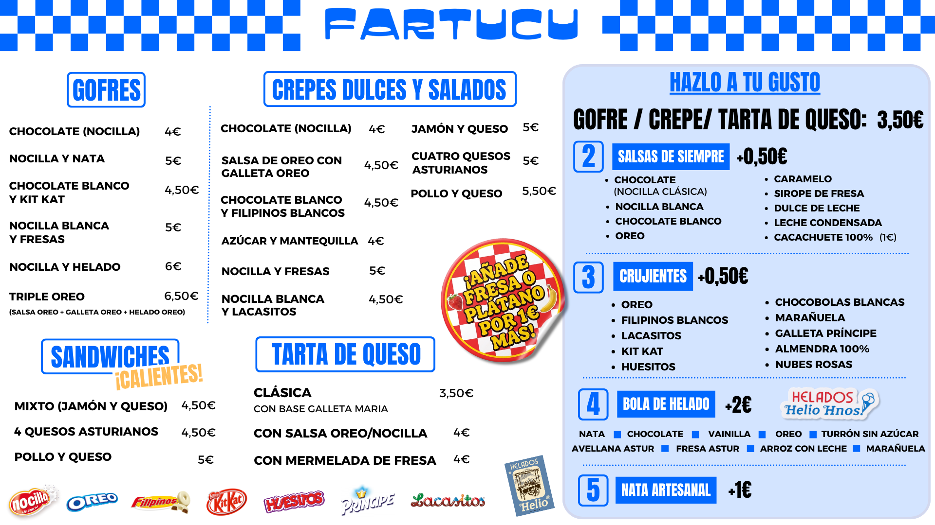 Carta de FARTUCU con precios: gofres, crêpes dulces y salados, sándwiches calientes, tartas de queso y opción Hazlo A Tu Gusto. Gofrería y crepería en Luanco, Asturias
