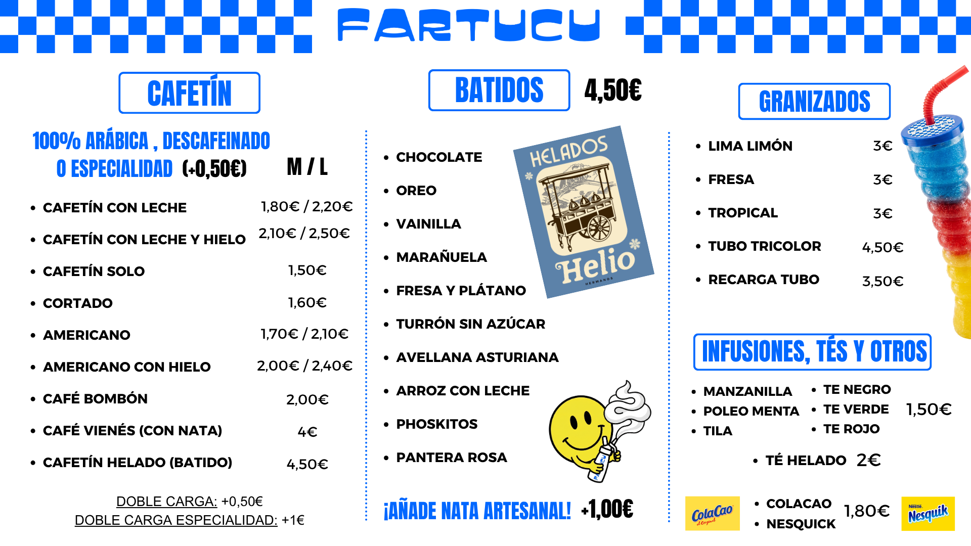 Carta de FARTUCU con precios: cafetería, batidos, granizados, infusiones y tés. Cafetería en Luanco, Asturias